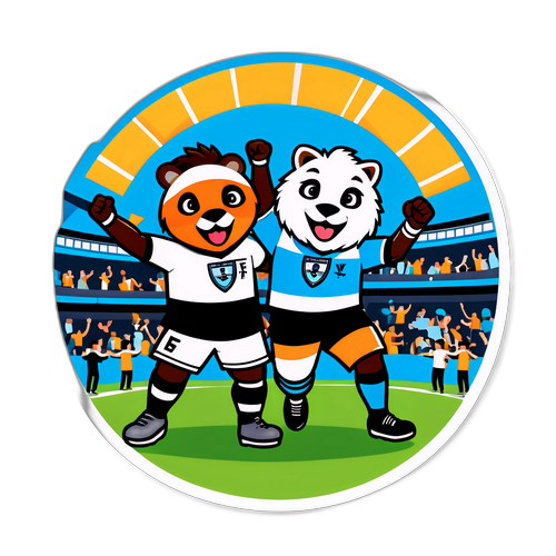 Reprezentare jucăușă a mascotelor Wycombe și Fulham dansând împreună