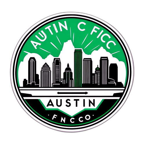 Stiker Logo Ikonik Austin FC dengan Latar Belakang Siluet Kota Texas