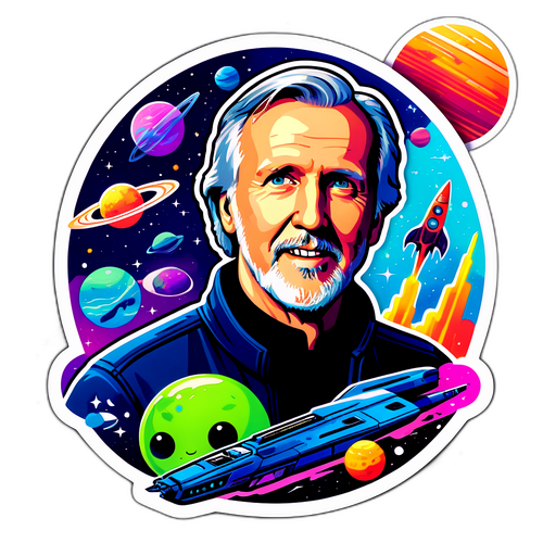 Autocol cu fața lui James Cameron în universul științifico-fantastic