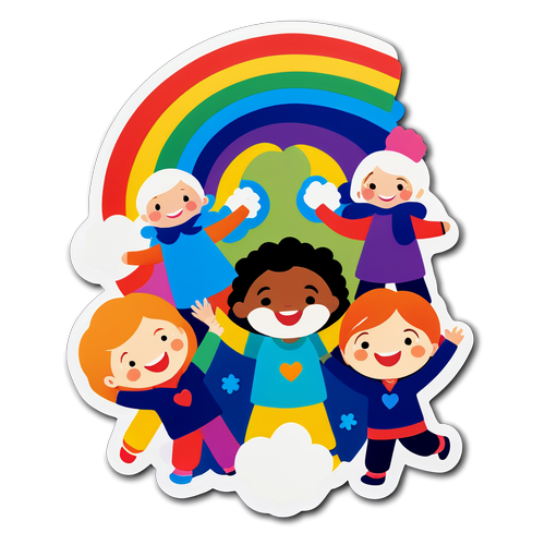 Scena giocosa di un asilo nido con un arcobaleno di bambini