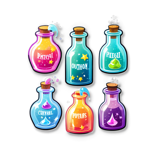 Magical Potion Bottles with Whimsical Labels and Sparkling Contents