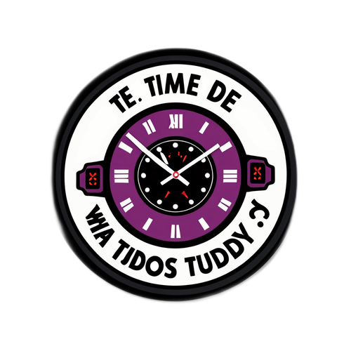 Um adesivo divertido com um relógio e a frase "Que horas começa o vale tudo hoje?"