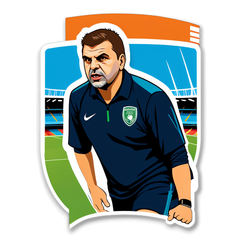 Naklejka przedstawiająca Ange Postecoglou na tle stadionu podczas meczu