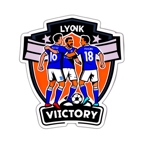 Наклейка з футболістами Ліона та ПАОК, які забивають гол, з текстом 'Битва за перемогу!'