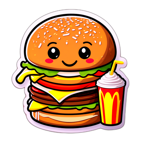 Un burger cartoonish avec un grand soda et des frites