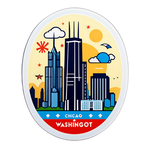 Дизайн с небоскребом Чикаго и символами Вашингтона, с надписью "Вашингтон Чикаго Прогноз"
