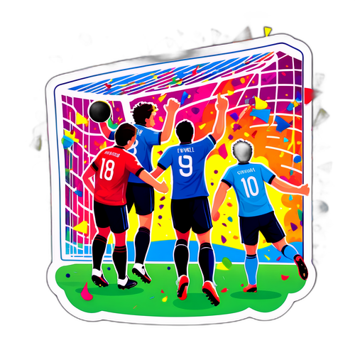 Fodboldmål med jubelende spillere