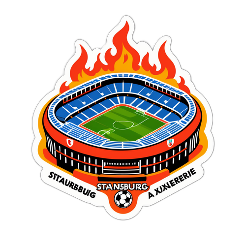 Sticker van een stadion met de namen Strasbourg en Auxerre in vlammen