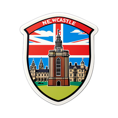 Escudo de Newcastle rodeado de un paisaje urbano británico