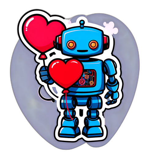 Robot Kartun Cute dengan Belon Bentuk Hati