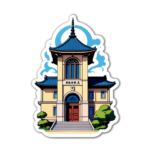 宮崎大学の象徴的な建物と学者のキャラクターを組み合わせたデザイン