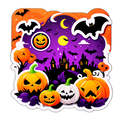 Halloweenská nálepka s dýněmi a netopýry