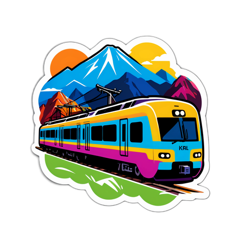 Stiker Kereta KRL Berwarna-warni dengan Latar Belakang Gunung Montserrat