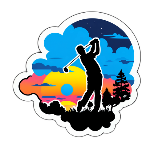 Cool sticker av Cameron Young som slår ut med solnedgång i bakgrunden