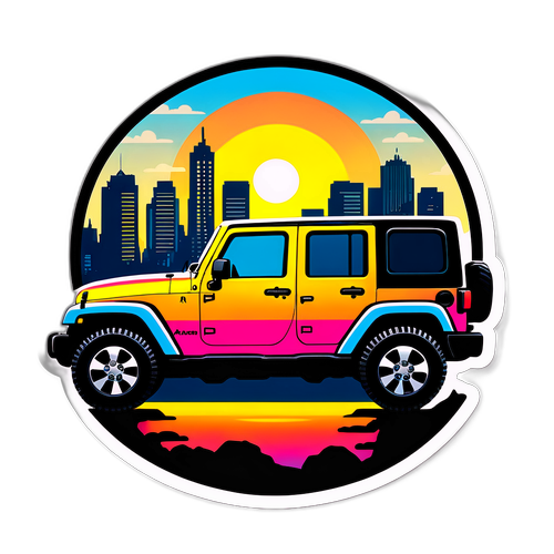 Şehir Manzarasında Jeep ve Güneşin Doğuşu