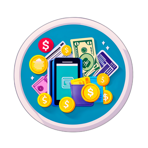 Un sticker con billetes y monedas virtuales