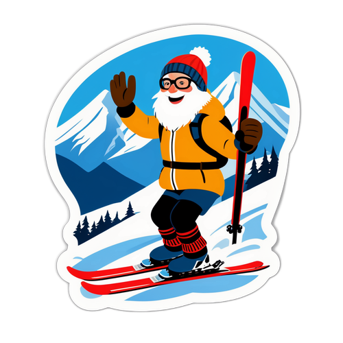 Gledelig ski-klistremerke med vinterbakgrunn