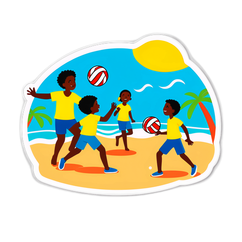 Desenho de crianças jogando vôlei na praia