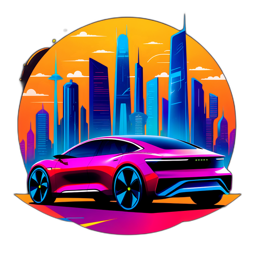 Futuristisk elektrisk bil i en levande stadsbild