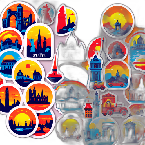 Nálepky s památkami Třebíče v paprscích slunce