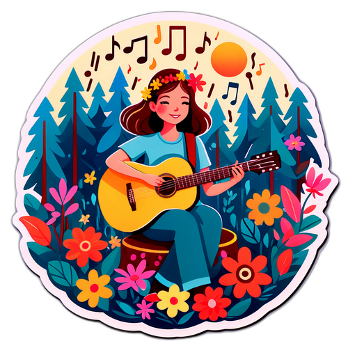 En fantasifulll illustra sjon av Lisa Knapp som spiller gitar i en fredelig skog