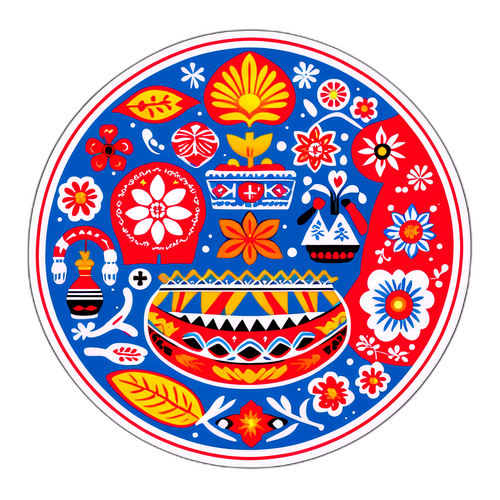 Sticker cu simboluri culturale și meșteșuguri din Moldova, reflectând tradițiile norvegiene