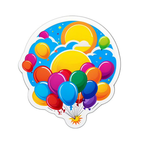 Fröhlicher Sticker mit bunten Ballons und strahlenden Sonnenstrahlen