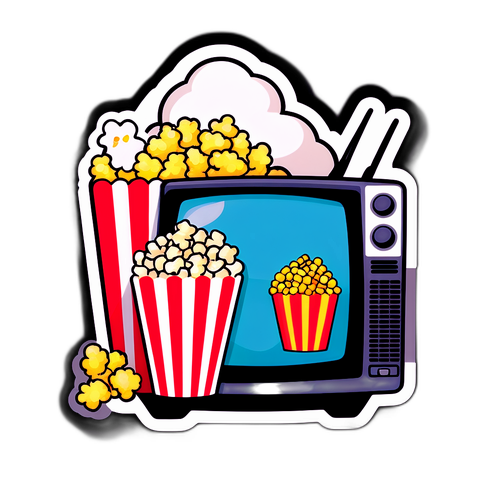 Sticker cu logo-ul Antena 1, decorat cu un televizor retro și popcorn
