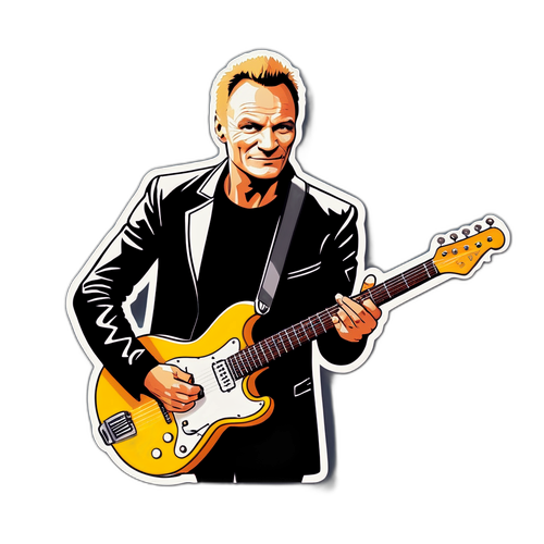 Creează un autocolant cu Sting, avându-l cu o chitară și un citat inspirațional despre muzică