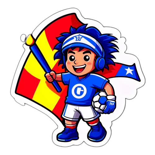 Cartoon de um fã com uma bandeira, celebrando 'hoje tem jogo'