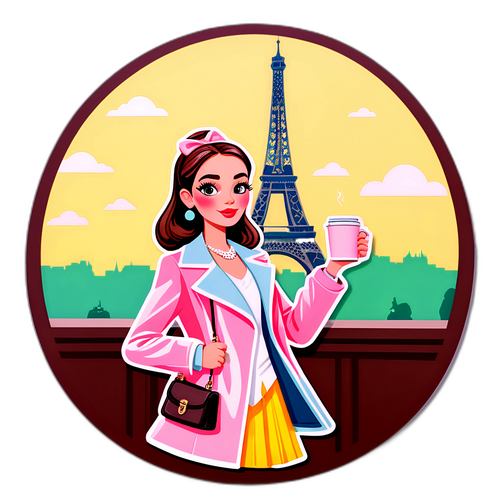 Paris'te Emily, şık bir kıyafet içinde, bir kahve fincanı tutuyor