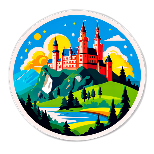Un autocollant d'un paysage européen avec des châteaux et des paysages, représentant des rêves européens