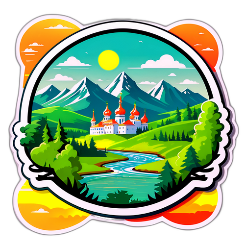 Ретро-наклейка, що зображує регіон Переяслав з відомими пам'ятками та пишною зеленню