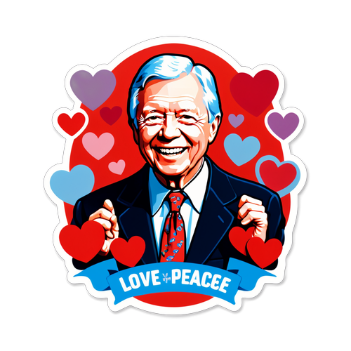 Un sticker de la estatua de Jimmy Carter rodeado de corazones