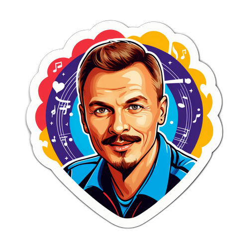 Яркий портрет Андрея Разина с текстом 'Музыка в нашем сердце'