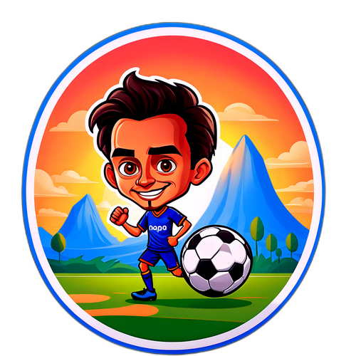 Caricatura de Juan Nardoni em campo com pôr do sol ao fundo