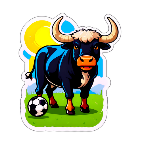En tegneserieagtig tegning af en okse med en kæmpe fodbold
