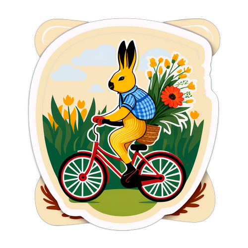 Illustratie van een fietsend konijn met een bloemenboeket