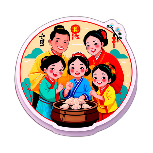 传统春节习俗贴纸：团圆、包饺子、辞旧迎新