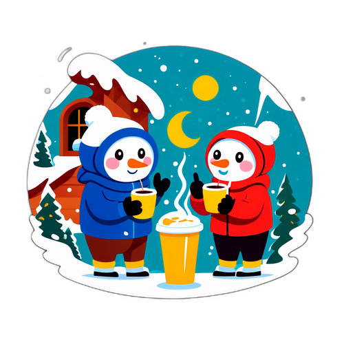 눈보라 속 따뜻한 음료를 즐기는 캐릭터들