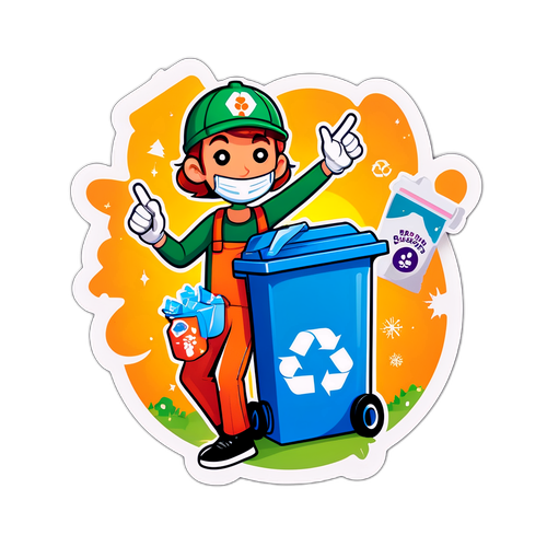 Sticker de recolección de residuos con un divertido personaje y mensaje positivo sobre el reciclaje