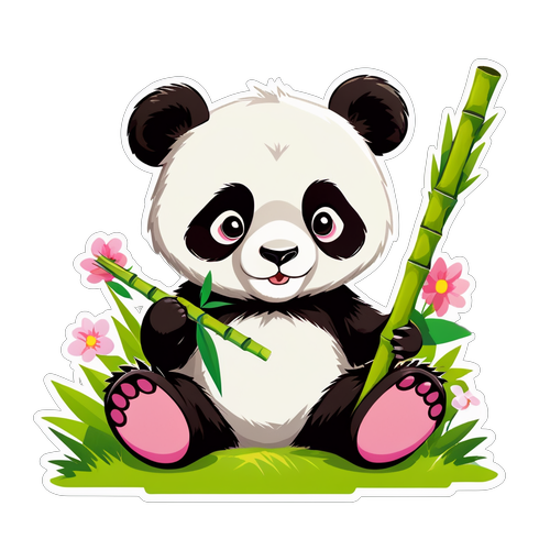 Cute Panda Bear Holding Bamboo on a Grassy Hill with Flowers