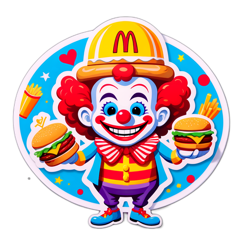 Skør illustration af en glad klovn med burger