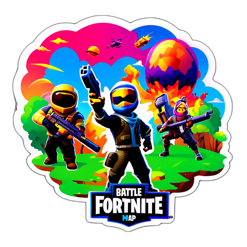 Färgstark Fortnite-kartscen med karaktärer i strid