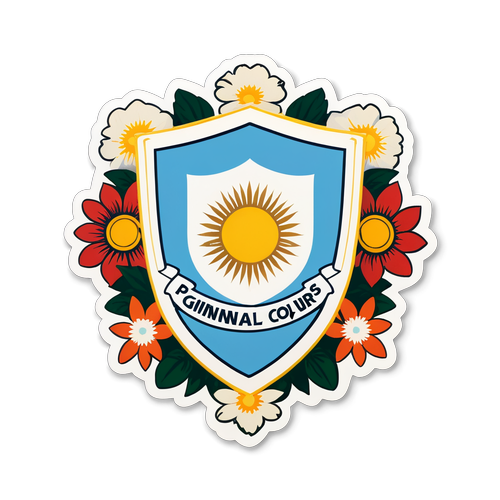 Diseño de una calcomanía con el escudo de Gimnasia rodeado de flores argentinas y la frase "Pasión por nuestros colores."