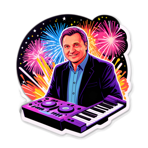 Стикер с Андреем Соколовым на сцене с огнями и фейерверками