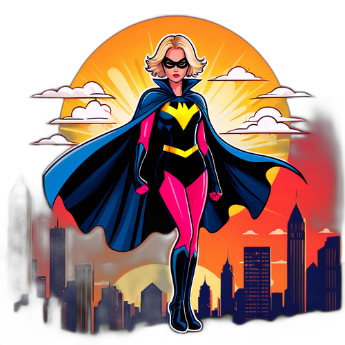 Een speelse illustratie van een superheldin in een stad