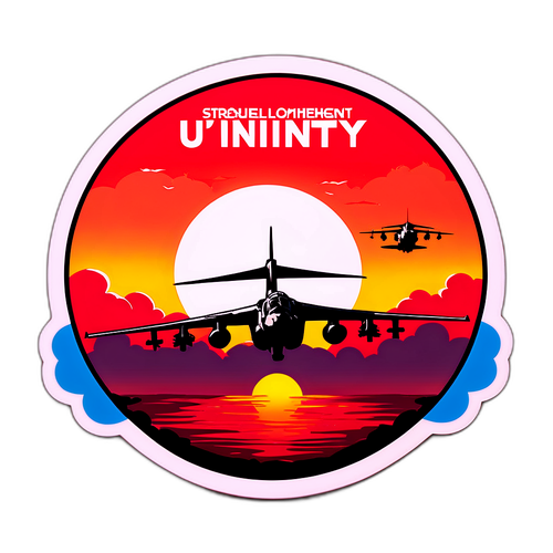 Военный самолёт на фоне красного заката с надписью 'Сила в единстве'