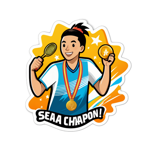 Pemain Badminton Gembira dengan Piala Emas