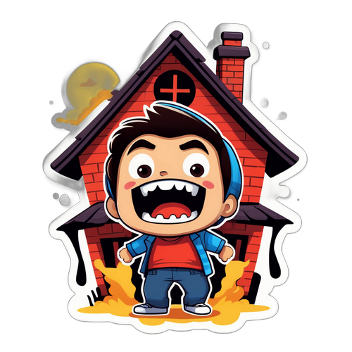 एक मजेदार कार्टून स्टिकर: भूकंप के दौरान डोलता घर